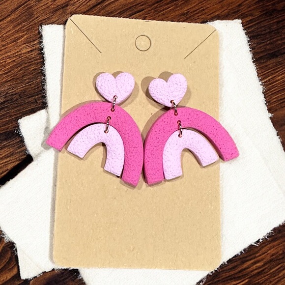 Pink Boho Arch Dangle Polymer Clay Earrings - Picture 2 of 2